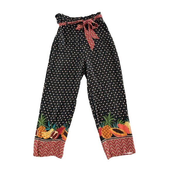 Farm Rio x Anthropologie Tucker Paperbag Pants Tropical Fruit Black Size XS $178 - Picture 4 of 14